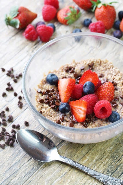 Oatmeal made with chocolate milk and topped with fresh berries. It's an easy and delicious breakfast!