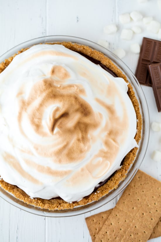 S'mores pie from scratch with a golden Italian meringue topping