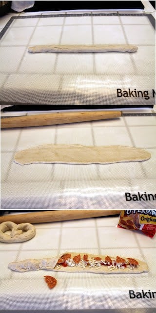 Dough is rolled into a "snake." "Snake" is flattened. Toppings are added to flattened dough, then dough is pinched closed around the fillings