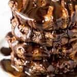 Chocolate Pancakes with Caramel Syrup are decadent deliciousness whether you have them for breakfast or dessert. Easy to make and, oh, so indulgent!