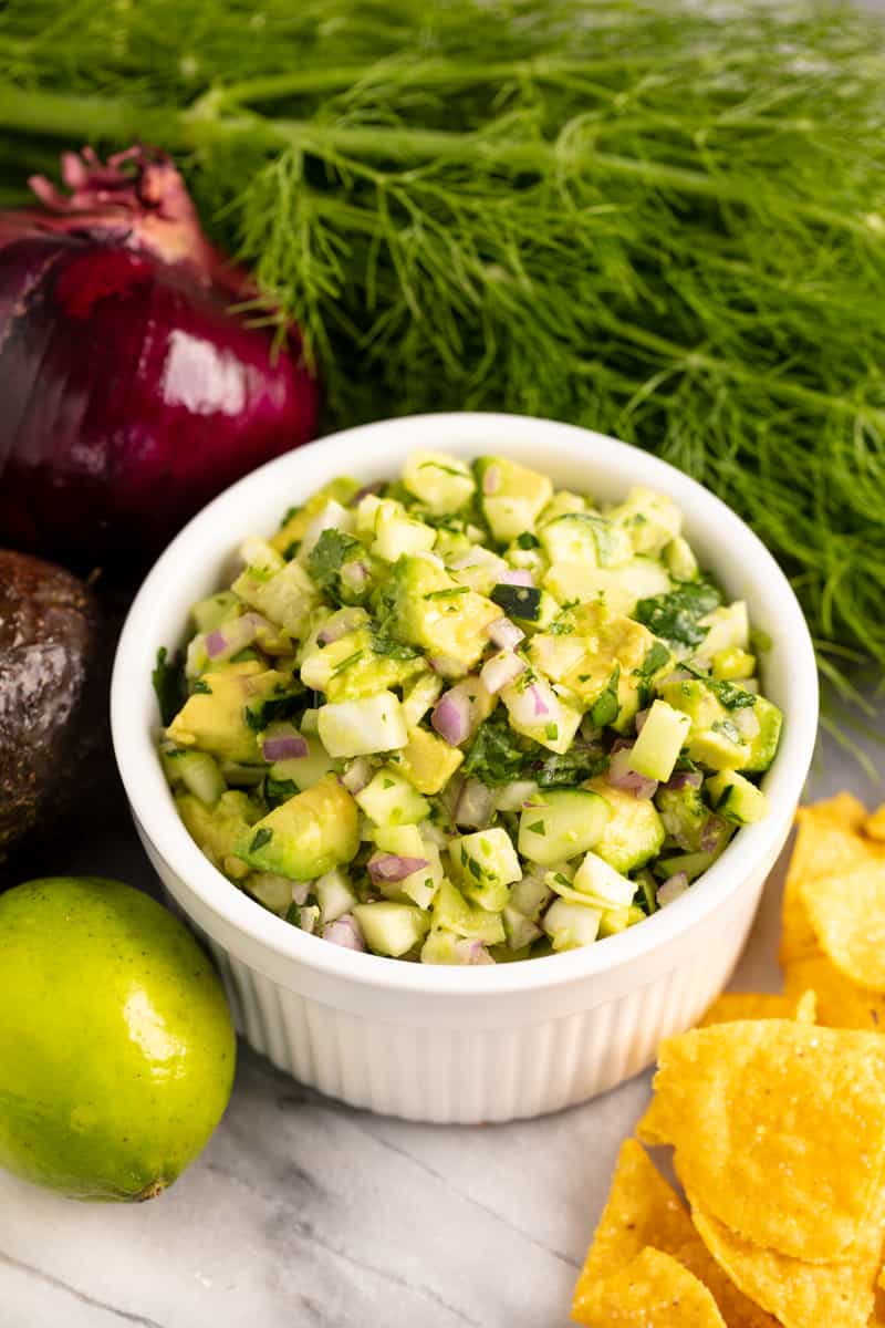 Avocado Fennel Salsa in a white bowl.