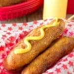 These Disneyland-Style Hand Dipped Corn Dogs are covered with a thick cornbread coating and fried to golden brown perfection. It’s just like they make them on Main Street at Disneyland’s Little Red Wagon.