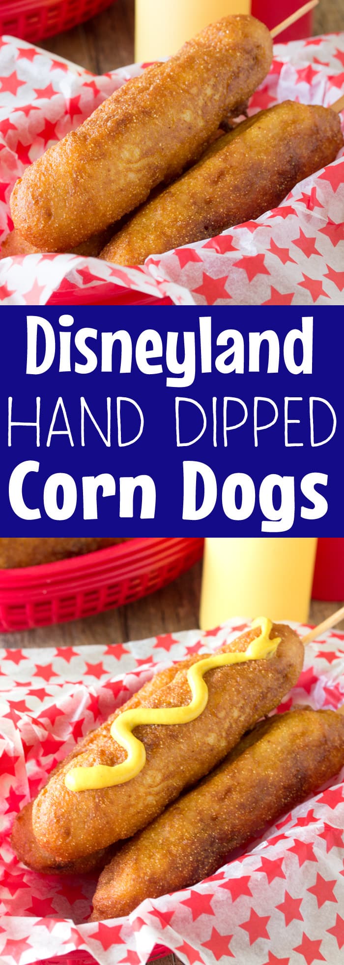 These Hand Dipped Corn Dogs are covered with a thick cornbread coating and fried to golden Disneyland Style Hand Dipped Corn Dogs