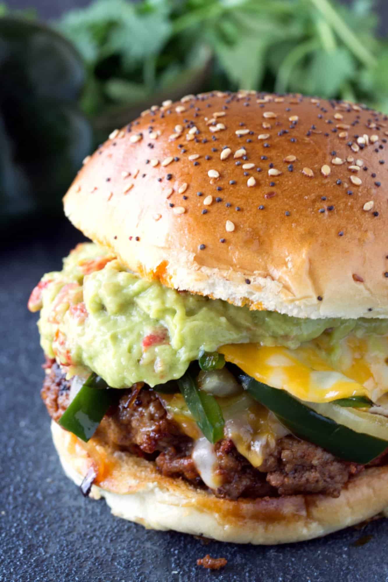 Close up of a Queso Fundido Chorizo Hamburger.