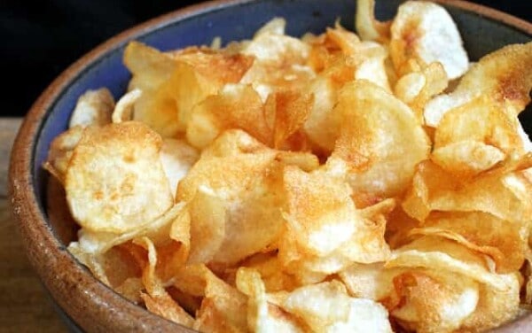 Salt and vinegar chips in a bowl.