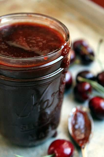 Close up of Freshly made Cherry Balsamic Barbecue Sauce in a mason jar