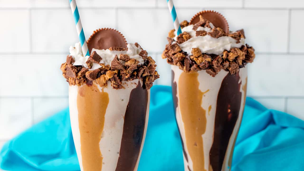 Two Chocolate Peanut butter swirl milkshakes.