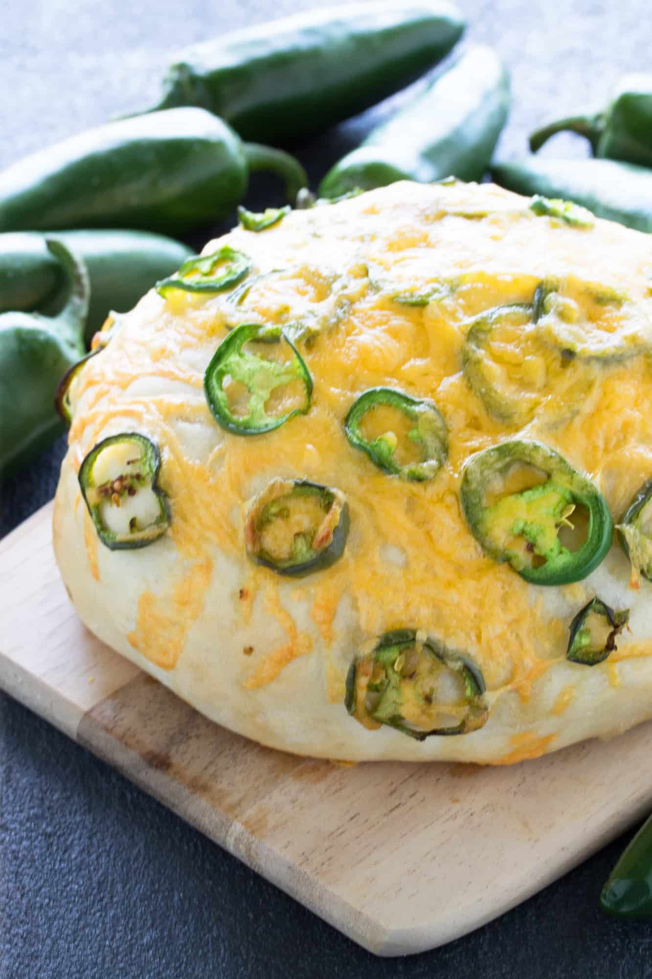 Jalapeno Cheese Bread on a cutting board.