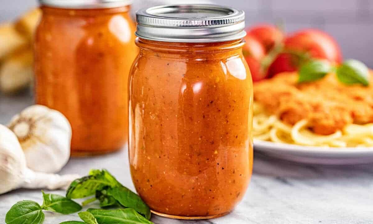 Fire roasted spaghetti sauce from scratch in a glass jar