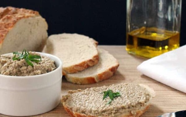 Roasted Eggplant and Garlic Spread on a slice of bread.