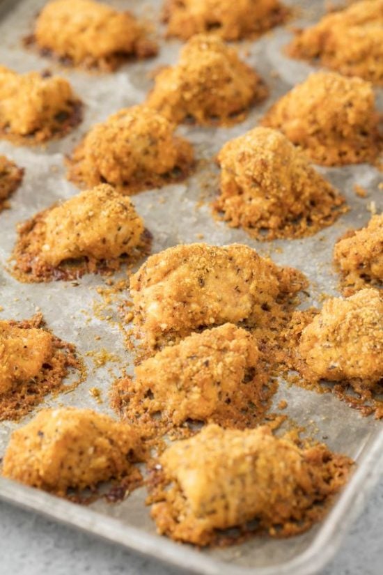 Buffalo Chicken Nuggets on a baking sheet.