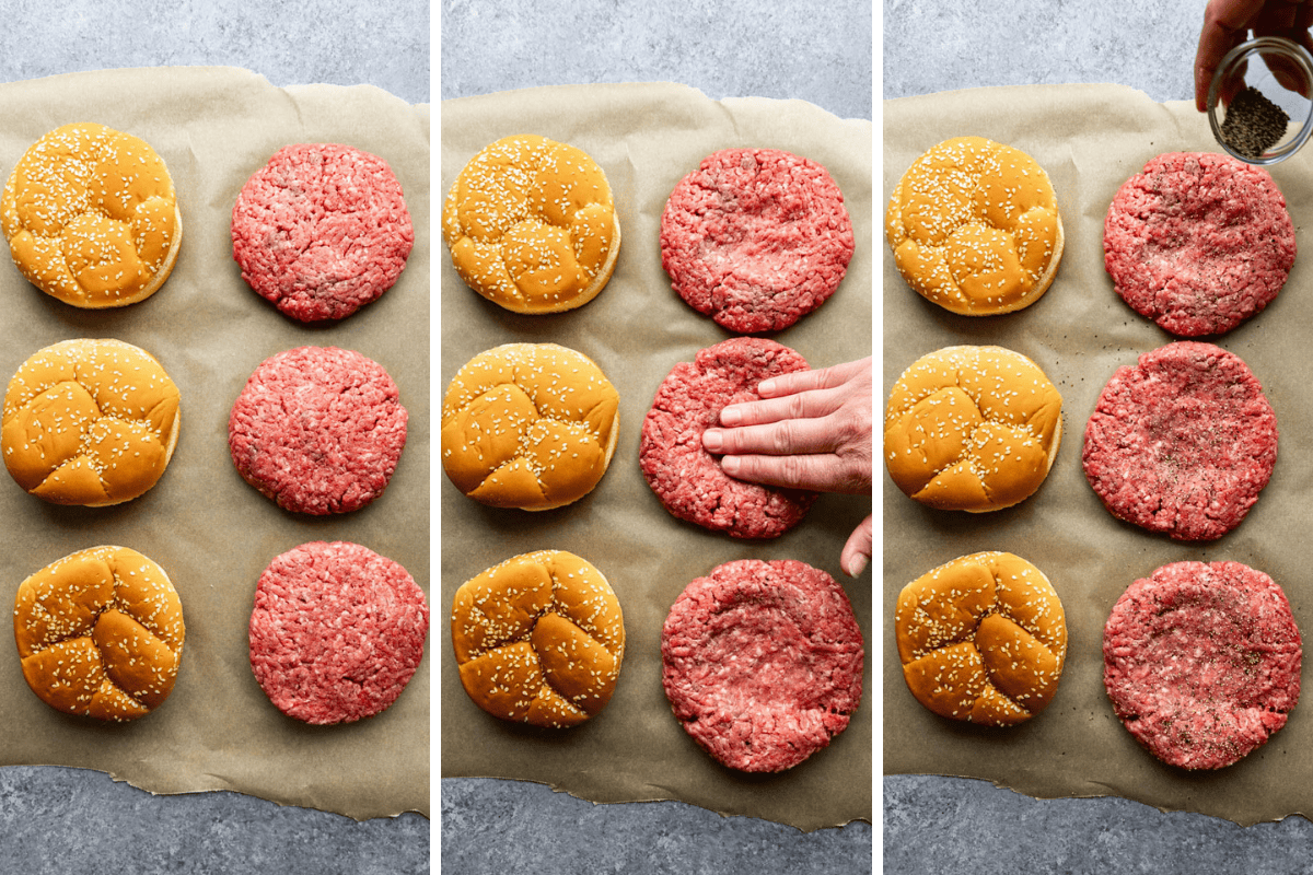 A collage of 3 images showing the relative size of your burger patty compared to the buns you are using. 