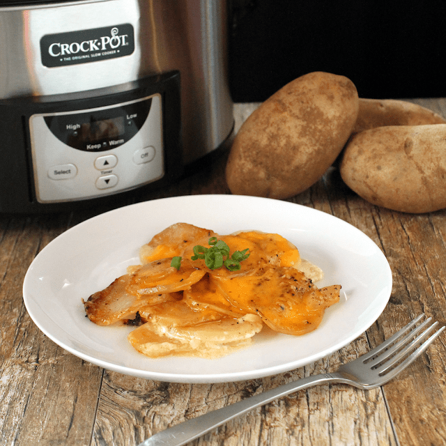 Slow Cooker Scalloped Potatoes on a white plate with a Crockpot and potatoes in the background