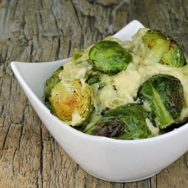 Dijon garlic brussel sprouts in a white bowl