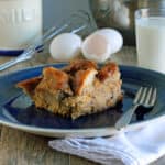 French toast casserole on a blue plate.