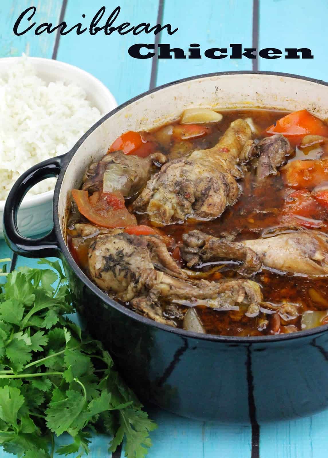 Caribbean Chicken in a blue cooking pot.