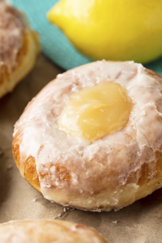 Close up of a Lemon Filled Doughnut.