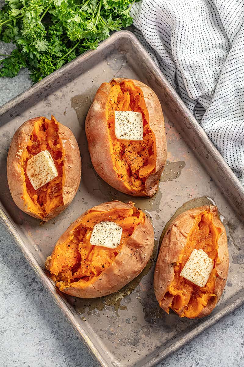 Bird's eye view of Baked Sweet Potato on a baking sheet.