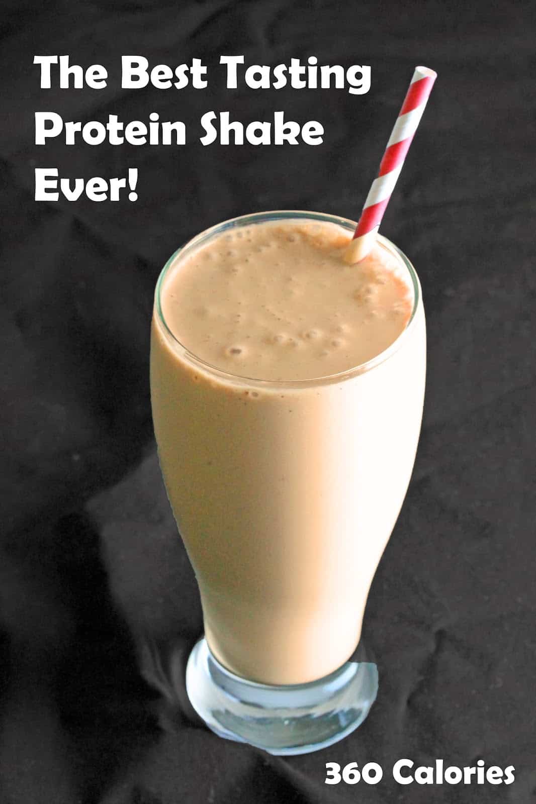 Protein shake in a glass with the words " Best Protein Shake Ever, 360 calories" on the picture.