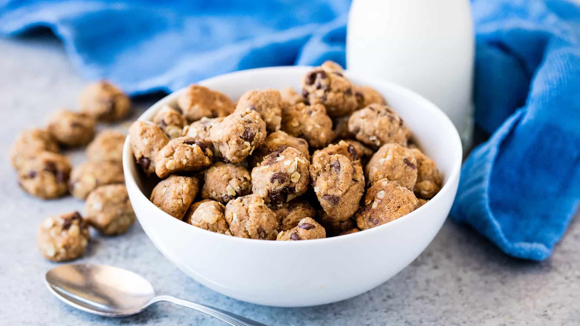 Homemade Cookie Cereal in a white bowl.