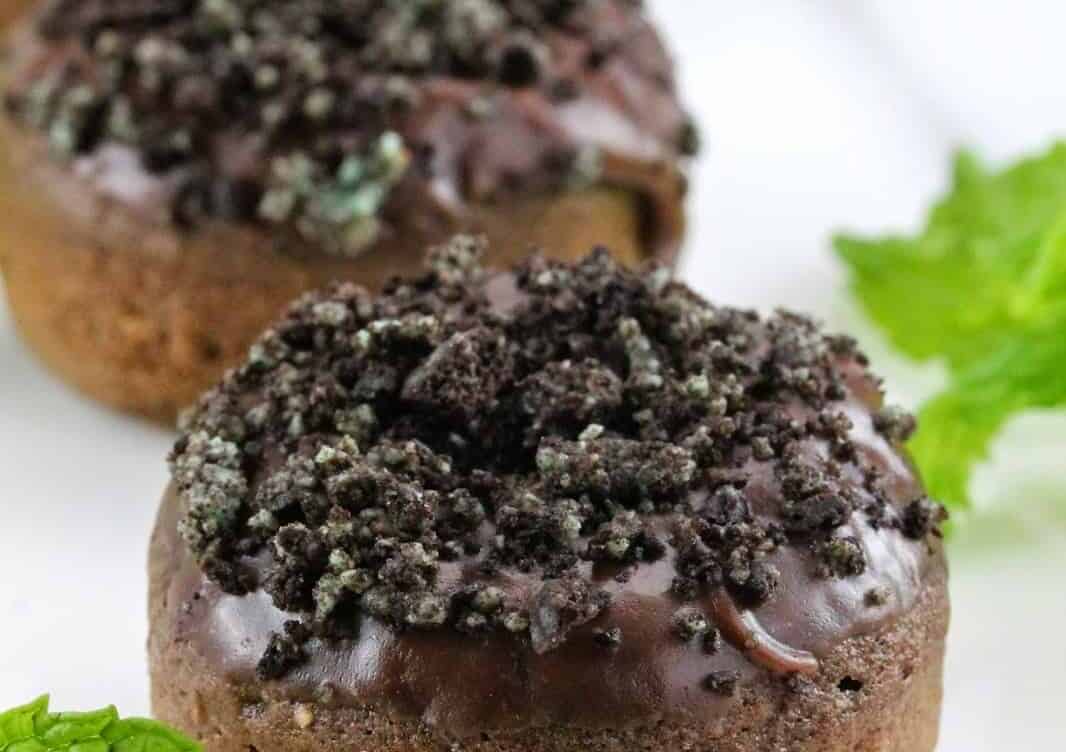 Close up of Baked Mint Chocolate Donuts.