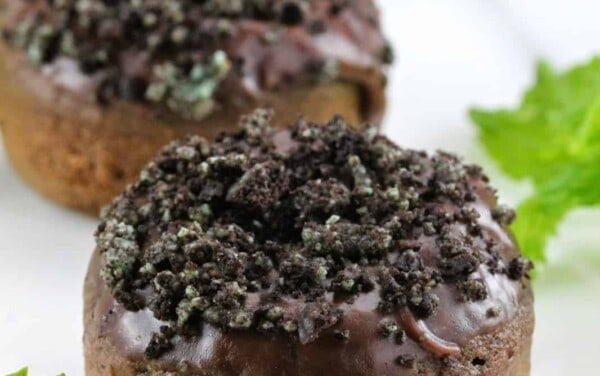 Close up of Baked Mint Chocolate Donuts.