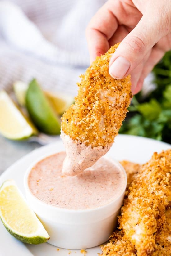 Lime Baked Chicken Tenders take the classic flavor combination and mashes it with a kid fa Chili-Lime Baked Chicken Tenders