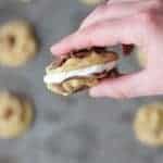 Delicious Nutella and marshmallow cream sandwiched between two chocolate chip cookies Nutella Cream Chocolate Chip Sandwich Cookies