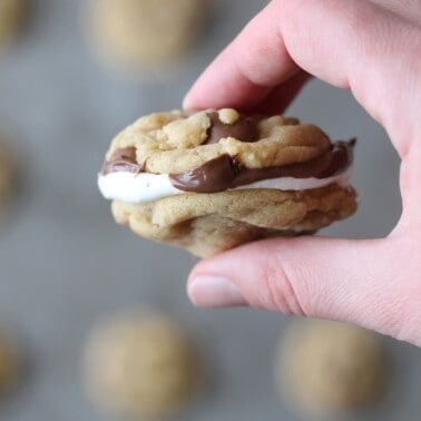 A hand holding a nutella cream chocolate chip sandwich cookie