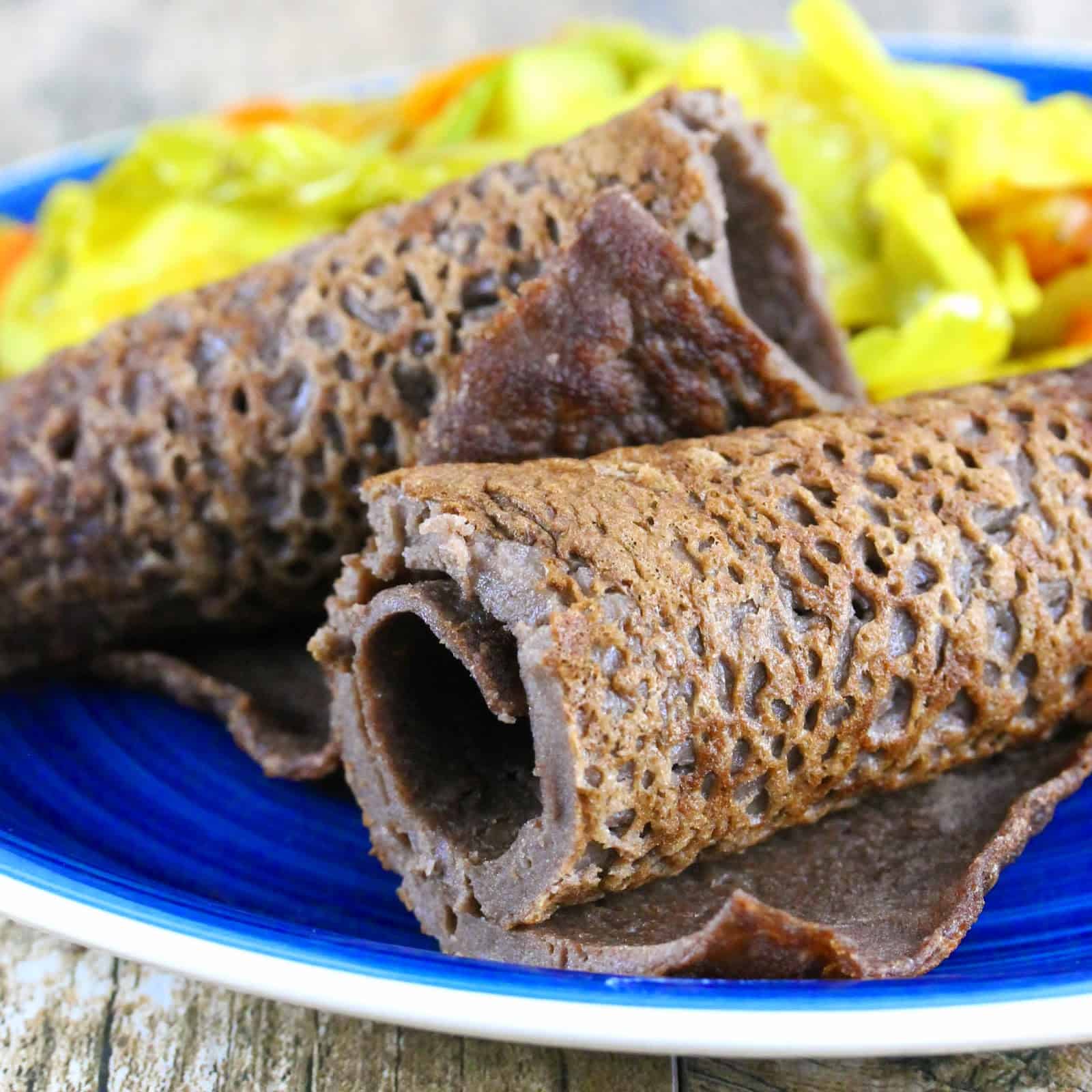 Ethiopian Injera Flat Bread shown up close with a chewy and rich texture