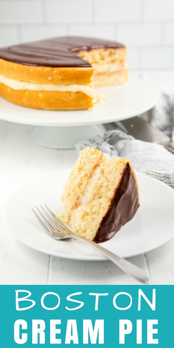 Boston Cream Pie is a classic dessert! Two layers of yellow cake are filled with pastry cream and topped off with a chocolate glaze. It is sure to be a favorite!
