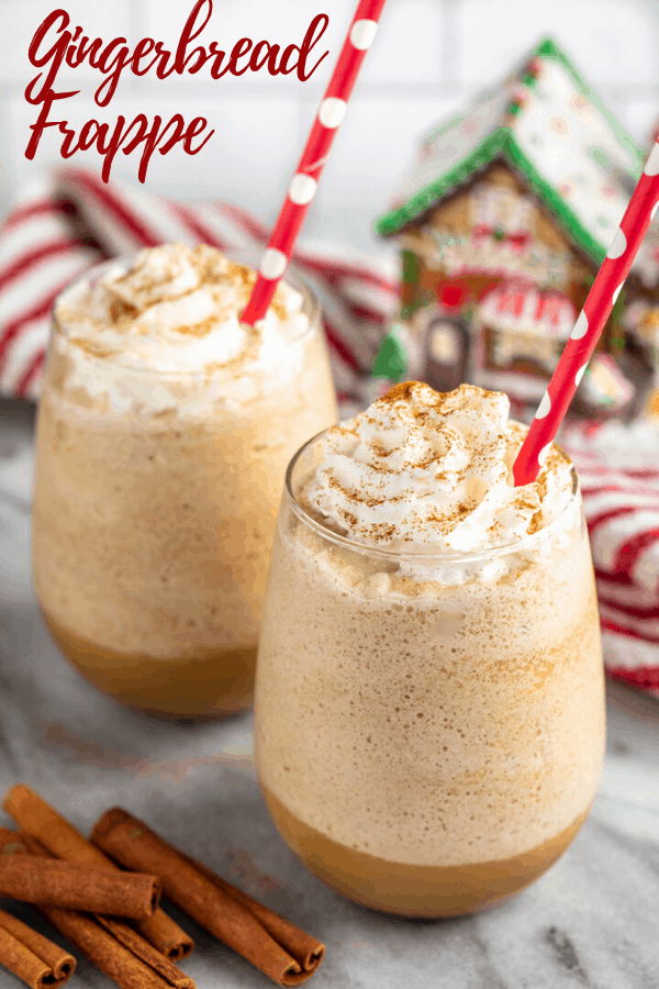 Gingerbread Frappes in two glasses with red straws
