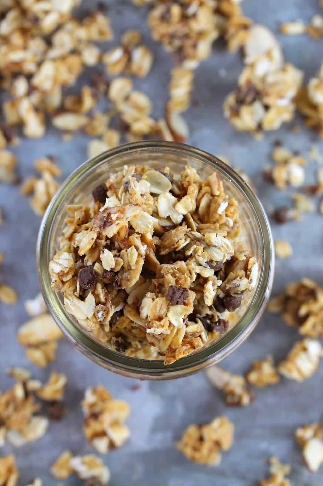 Bird's eye view of Honey Nut Granola in a mason jar.