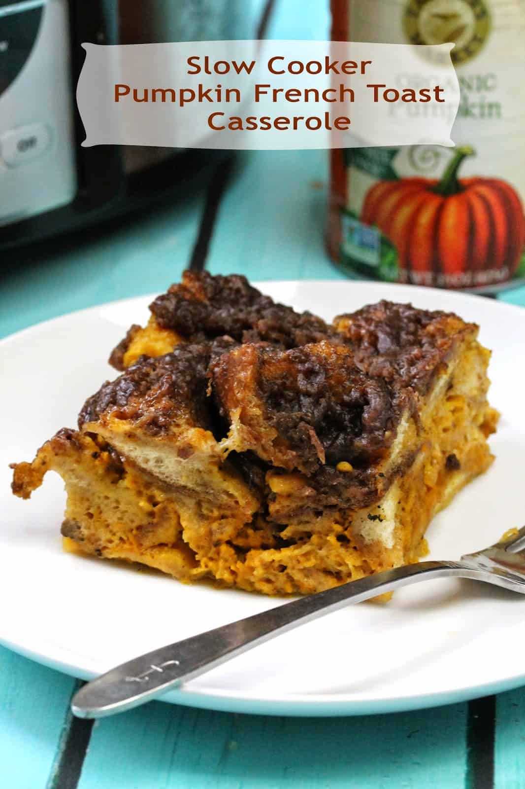 A slice of Slow Cooker Pumpkin French Toast Casserole on a plate. 