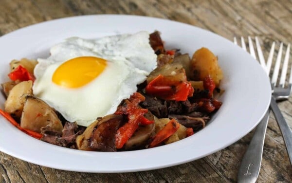 Slow Cooker Short Rib Hash on a white plate.