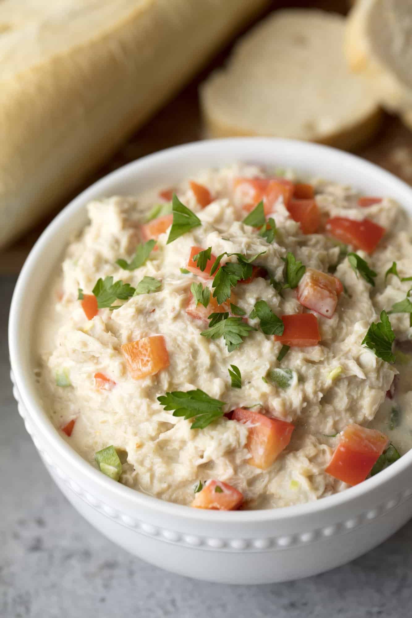 Spicy Crab Dip in a white bowl.