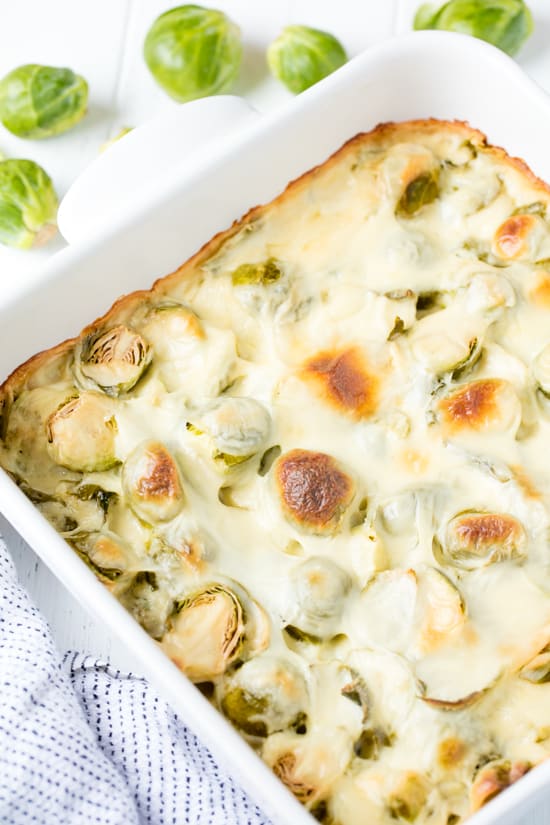 brussel sprouts au gratin in a casserole dish