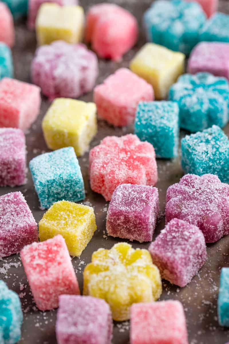 Close up of Homemade Gumdrops on a baking sheet.