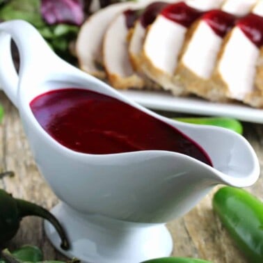 Jalapeno Cranberry Sauce in a gravy boat.