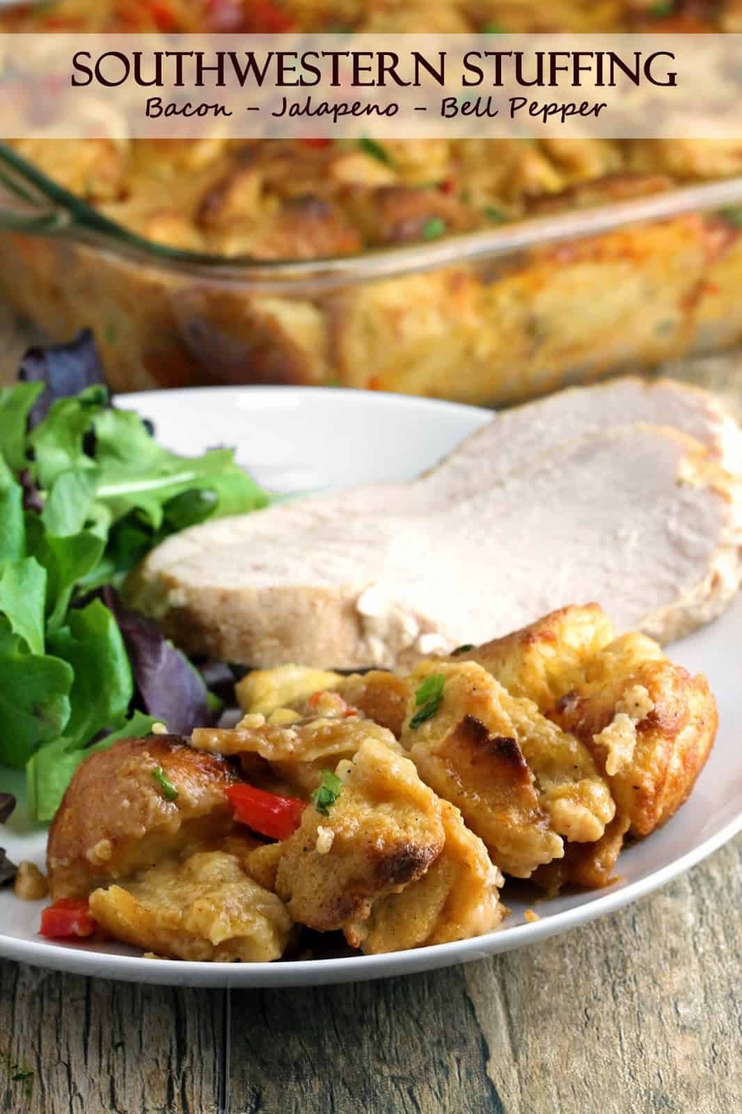 Southwestern Stuffing with Bacon, Jalapeno, and Bell Pepper topped with a slice of turkey breast and accompanied by a side salad