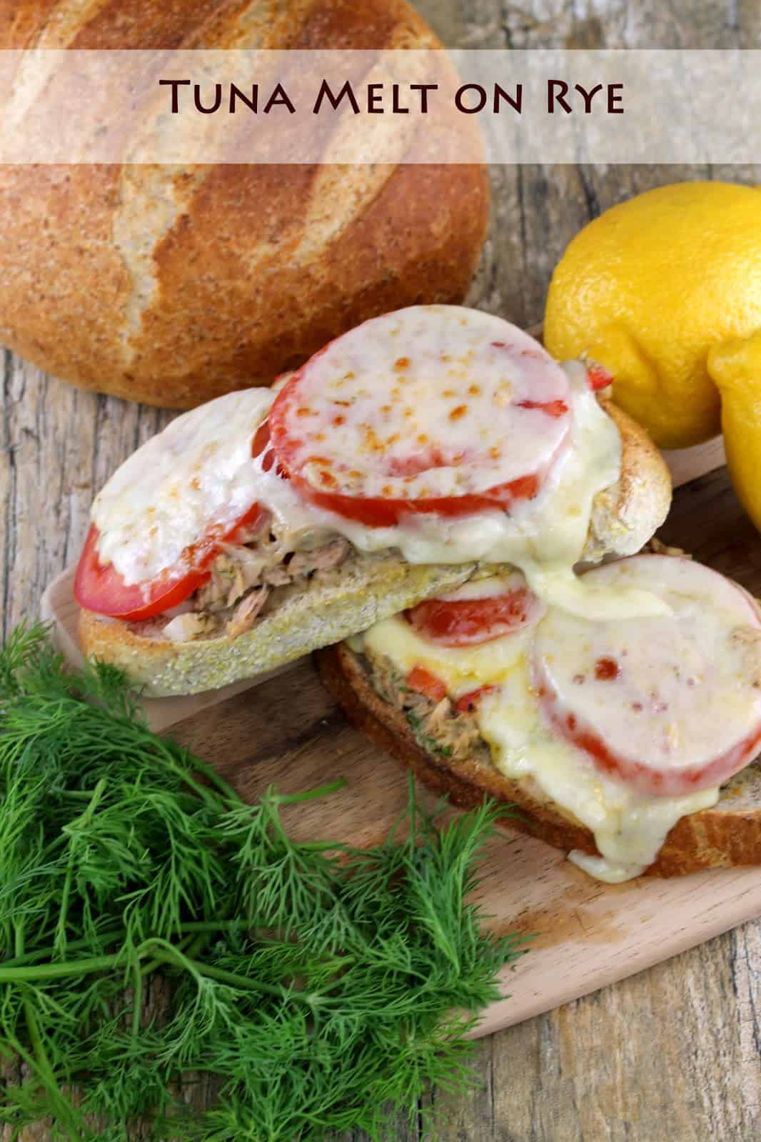 Tuna Melt on Rye: Tuna flavored with fresh dill and sliced tomato stacked on rye bread with bubbly melted cheese