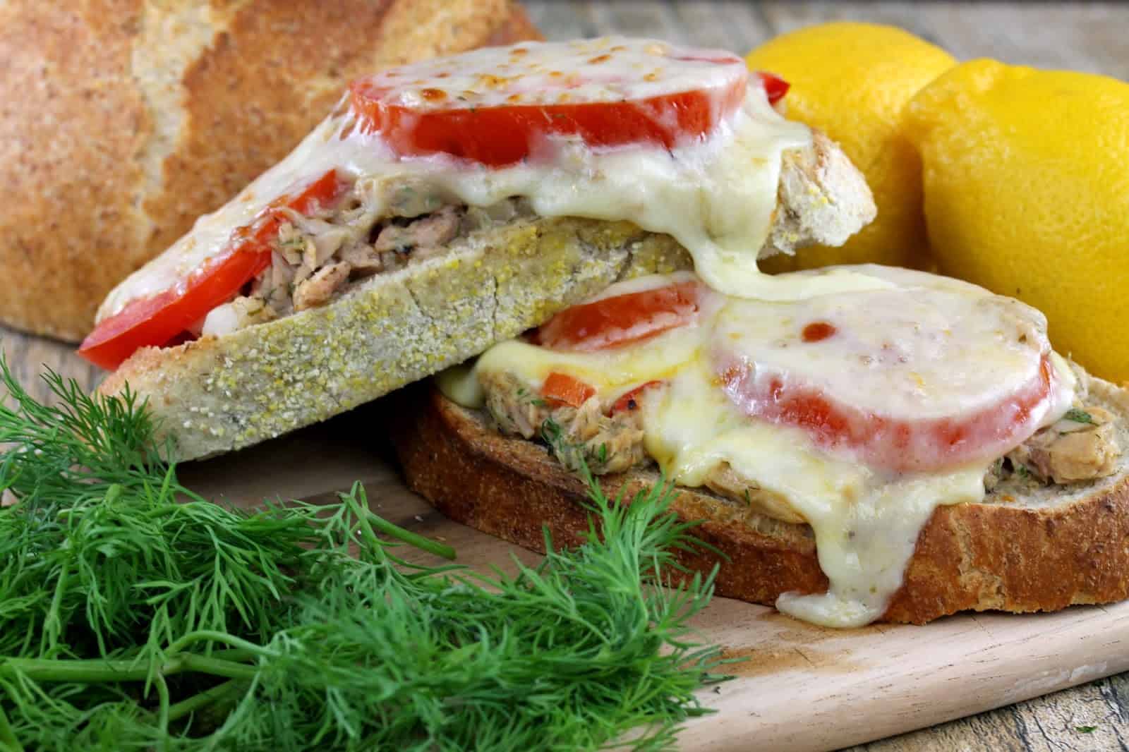 Tuna Melt on Rye: Tuna flavored with fresh dill and sliced tomato stacked on rye bread with bubbly melted cheese