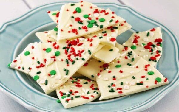 White Chocolate Bark on a blue plate.