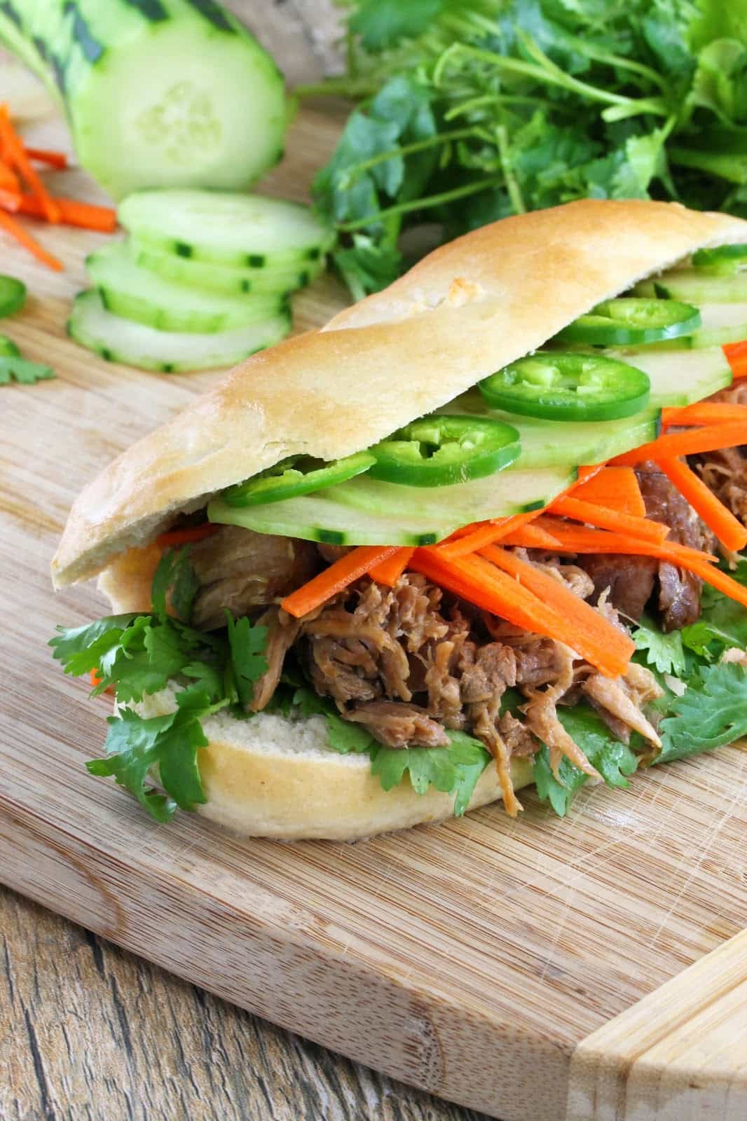 vietnamessse banh mi sandwich on cutting board