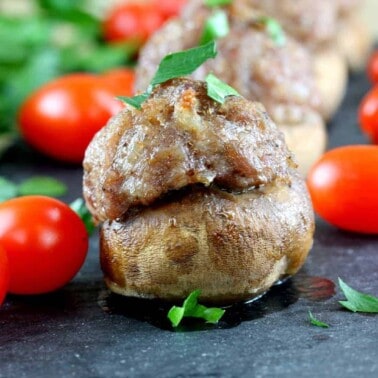 Close up of a Sausage and Tomato Stuffed Mushrom