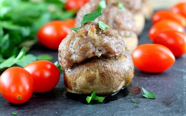 Close up of a Sausage and Tomato Stuffed Mushrom