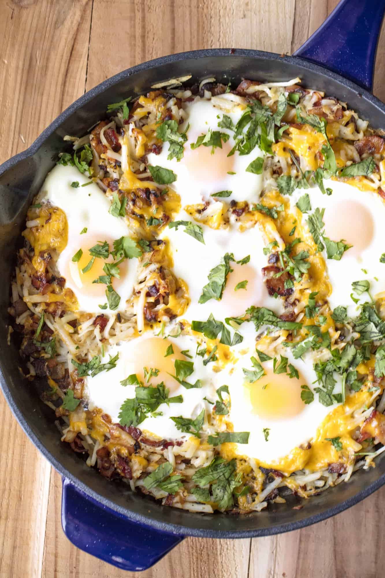 Bird's eye view of Sheepherder's Breakfast in a cast-iron skillet.