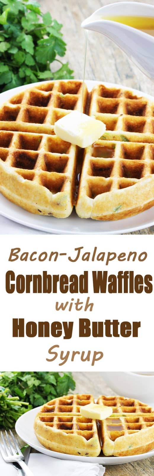 I was brainstorming recipe ideas one day and really wanted to make a cornbread waffle Bacon-Jalapeno Cornbread Waffles with Honey Butter Syrup