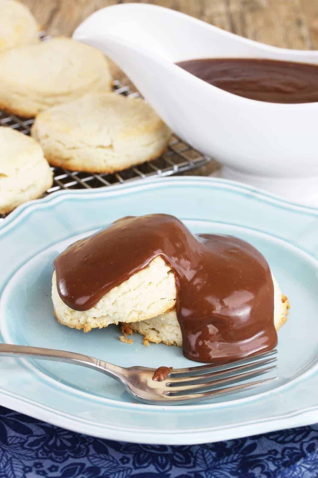 Sweet Biscuits with Chocolate Gravy on a blue plate.