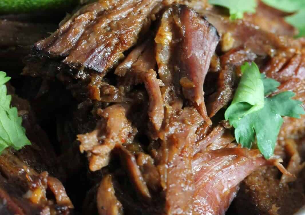 Shredded Beef in a blue bowl topped with a lime slice and parsley.